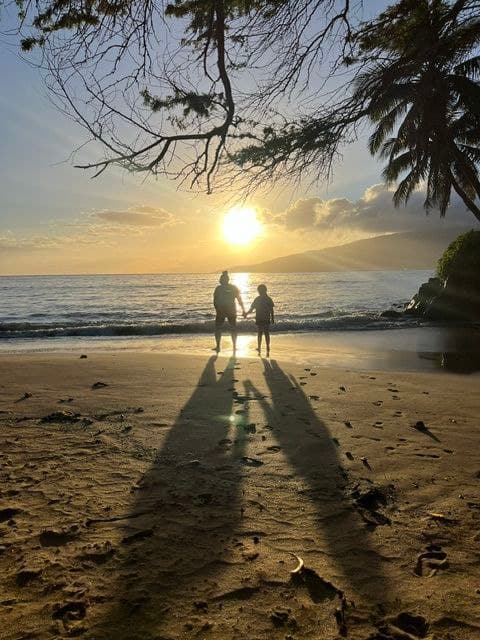 Couple holding hands walking toward sunset on a Maui beach silhouette